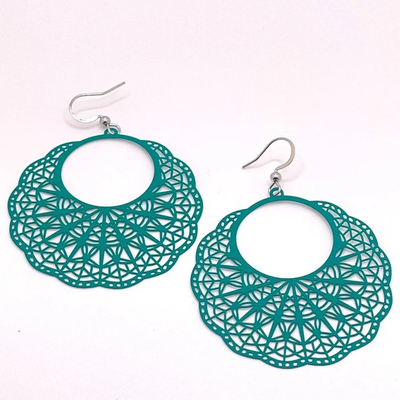 Dark Green Bohemian Dangle Hoop Big Flower Earrings - Picture 1 of 2